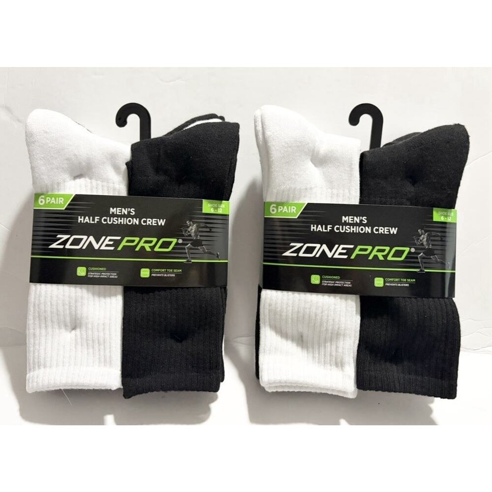 ZonePro Men’s Half Cushion Crew Socks 12 Pair Black White Shoe Size 6-12 NEW